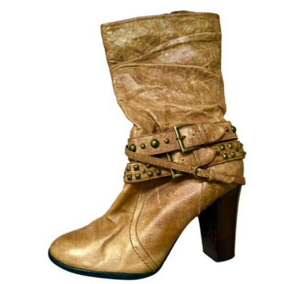 a.n.a | Tan Heeled Leather Boots Buckle & Stud Detail, Western Cowboy Vibe, 9M - Picture 1 of 10